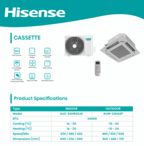 Hisense 24000 BTU Ceiling Cassette Air Conditioner AUC-24HR4SJA/AUW-24H4SF